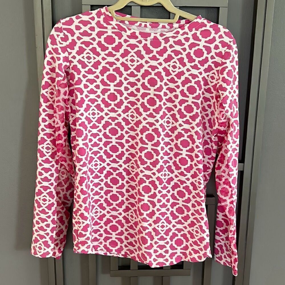 Icikuls pink and white print long sleeve top with mesh insert sleeve size M athl